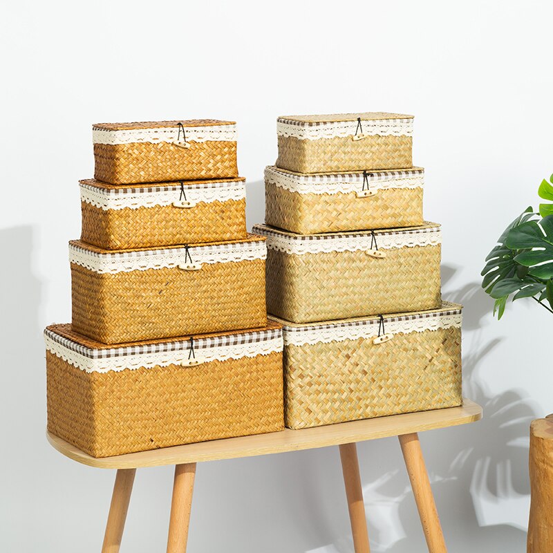 Natural Seagrass Storage Baskets Handwoven Wicker Baskets with Lid Rectangular Multipurpose Organizer Handmade Container