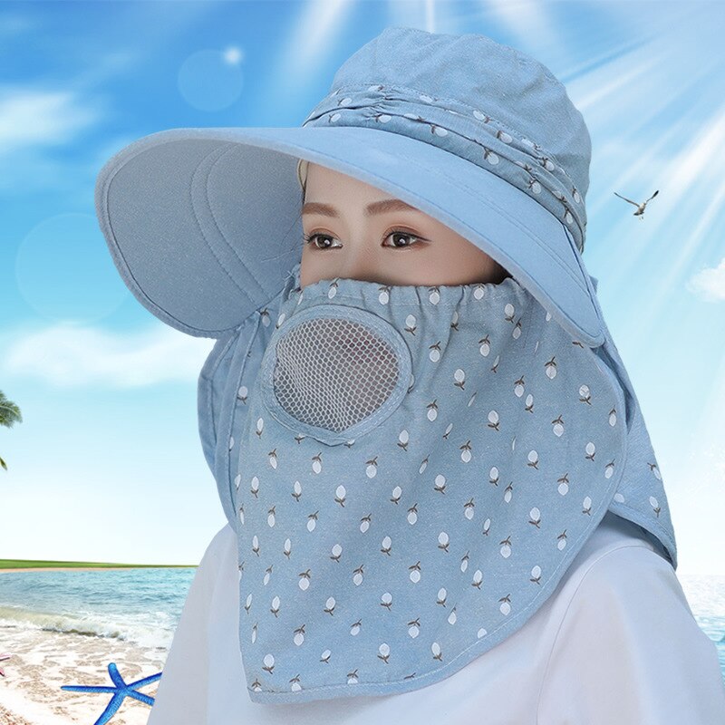 Capa de proteção primavera verão chapéus de sol feminino pescoço rosto protetor solar de borda larga respirável pescador chapéu máscara de sol ao ar livre: sky blue