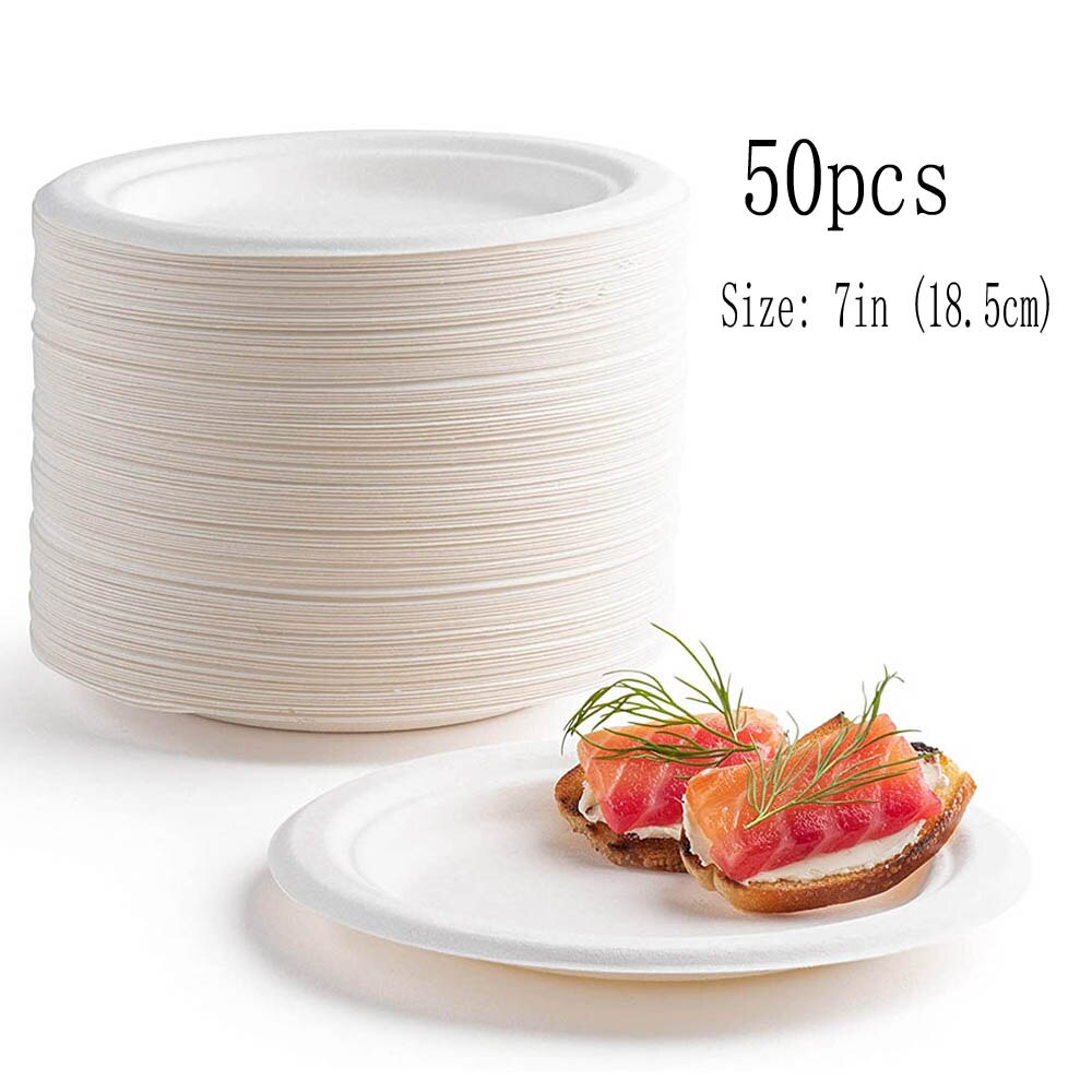 50 Disposable Plates Paper Heavy-Duty Tableware Compostable Plates Natural Sugarcane Bag-Like Fibers are 100% Biodegradable: 7in