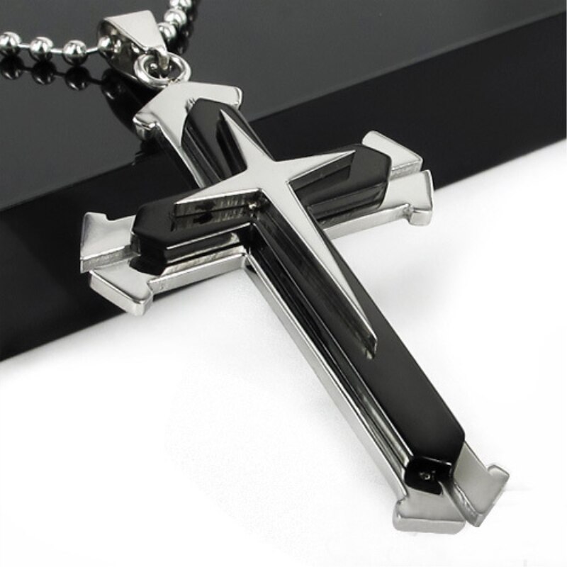 Titanium Staal Punk Ketting Drie Lagen Open Mannen Kruis Ketting Jezus Titanium Staal Zwart Blauw Hanger: black