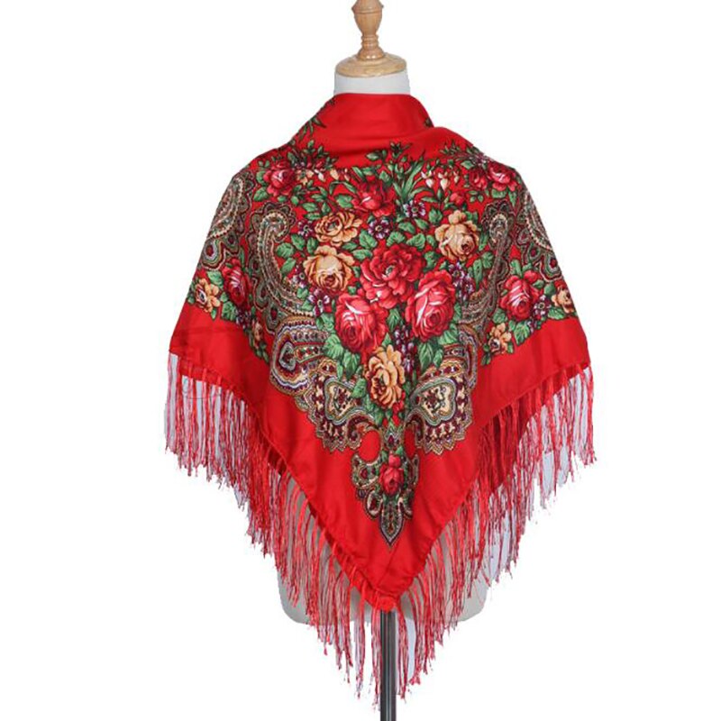 Luksusmærke udskrivning overdimensionerede firkantede tæpper russiske kvinder bryllup kvast tørklæde retro stil bomuld lommetørklæde efterår sjal: Rød