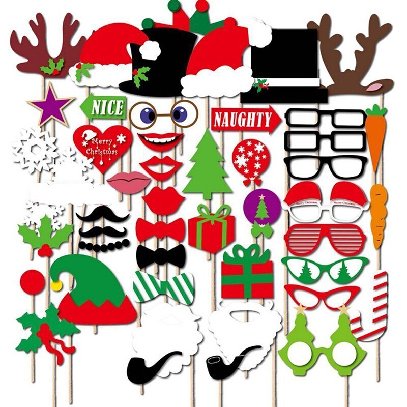 Christmas Photograph Props For Carnival Year Party Photo Booth Decos Paper Beard Lips Decorations Accessories: 50pcs