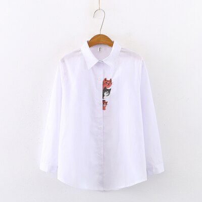 Kvinner blomsterbroderi lange armer hvit stripete skjorte knapp opp bluse skru ned krage topper feminina blusas  t9 d 627t: Hvit / M