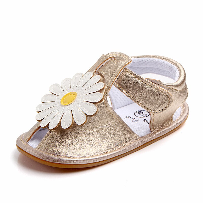 Novedad de verano, sandalias suaves de piel sintética para niñas, sandalias de goma antideslizantes con flores grandes bonitas, sandalias para bebés, zapatos para niñas pequeñas y princesas: gold / 13-18 meses