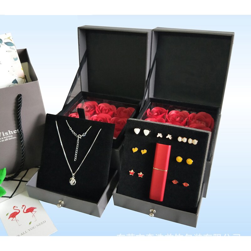 Sieraden Box Set Meisje Vrouwen Oorbellen Ketting Lipstick Make Storage Box Roos Zeep Bloem Verjaardag Bruiloft Verpakking Zak