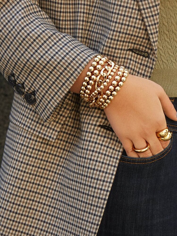 Trendy 6 Pieces Multi Layers Layering Stacked Gold Ball Beaded Bracelets Sets For Women