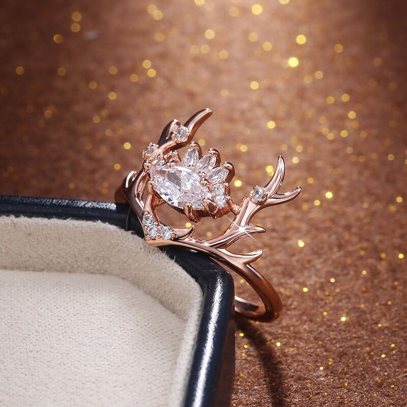 Bagues de luxe en or rose avec corne de cerf pour femme, bijoux de fiançailles, de mariage, de noël, avec incrustations de cristal de zircone blanche