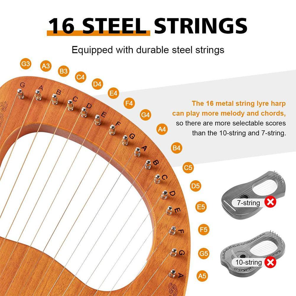 Harpe Lyre en bois à 16 cordes, boîte de résonance, Instrument à cordes avec clé de réglage, 3 choix, Instrument de musique à cordes pour enfants