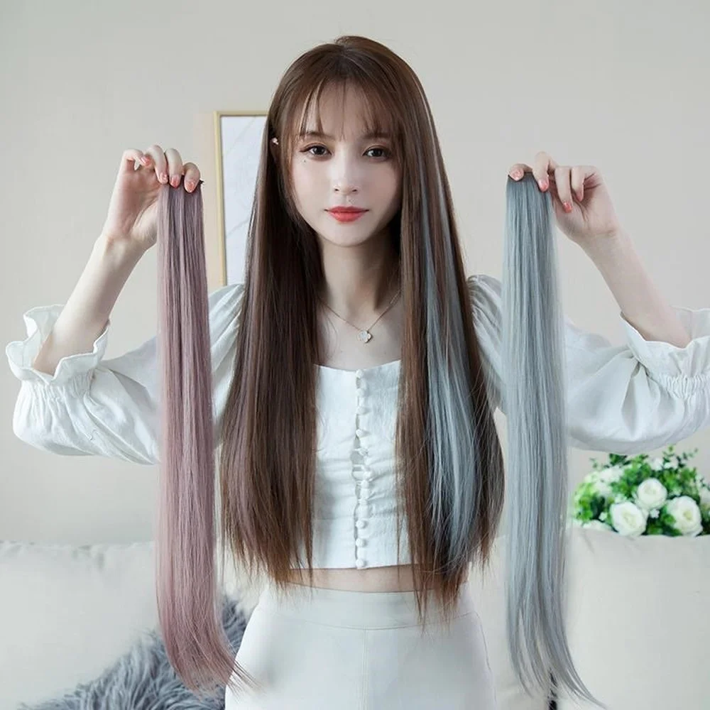 60cm postizo horquilla extensión de cabello Clip en postizo largo recto colgante oreja peluca Clip extensiones de cabello sintético Accesorios