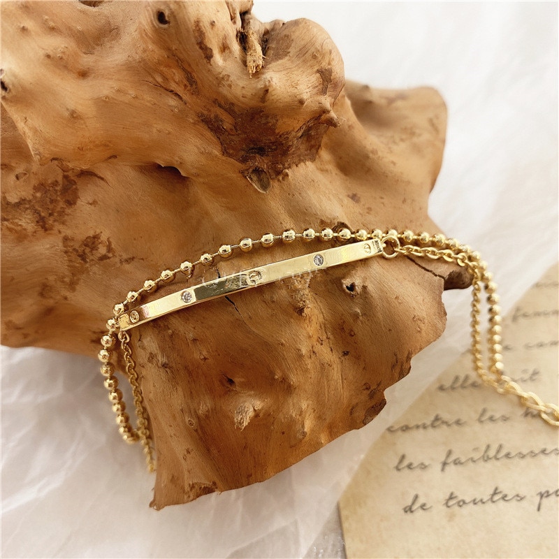 Aomu korea retro dobbeltlag guldfarve beaded krystal kæde armbånd enkel armbånd til kvinder smykker fest