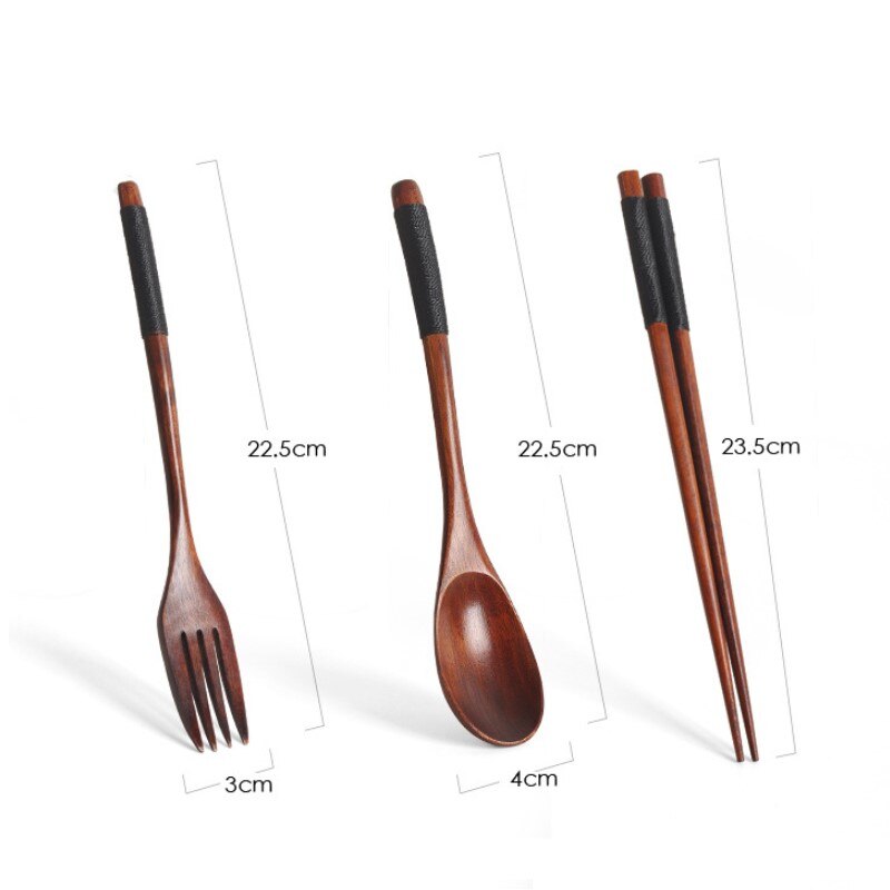 Korean Wooden Tableware Fork Spoon Chopsticks 3-piece Set Solid Wood Long Handle Spoon Chopsticks Portable Tableware