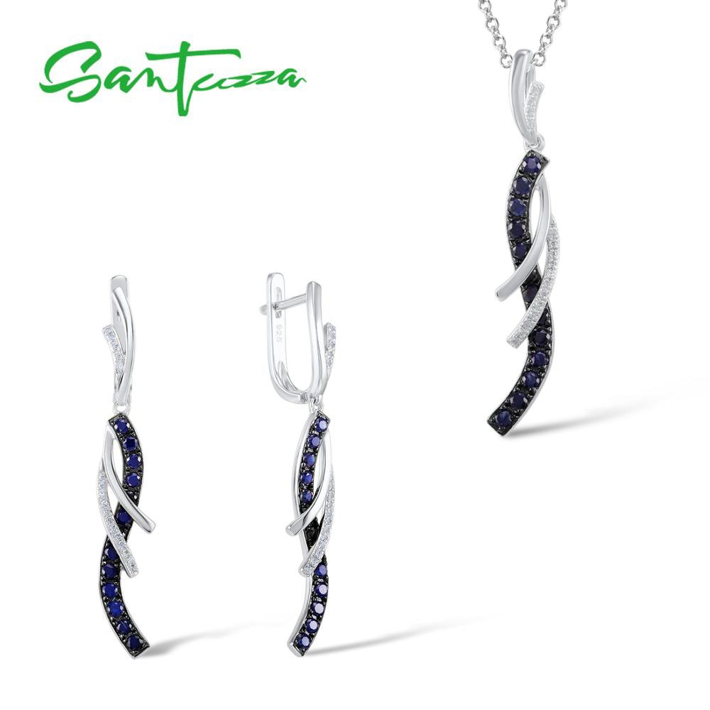 Santuzza Sieraden Set Voor Vrouwen Charmant Blauw Wit Cz Oorbellen Hanger Set Pure 925 Sterling Zilveren Sieraden