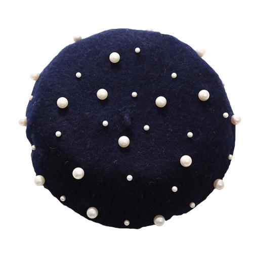 Béret en laine pour femme, couleur unie, automne-hiver, fausses perles, chaud, casquette de peintre, perles étoilées, rivets: Bleu foncé
