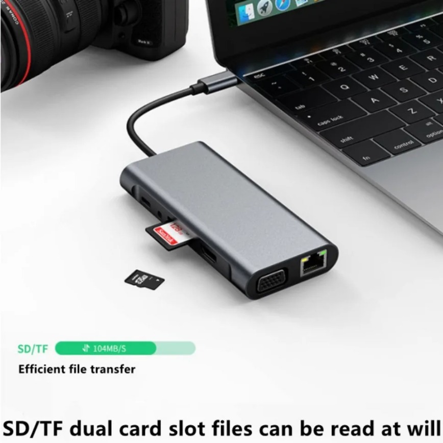 Usb-c-hub 11- -i- -1 type-c-dokkingstasjon med 4k type-c til hdmi-kompatible vga 100 mbps ethernet 100w pd usb 3.0 tf/ sd-kortleser