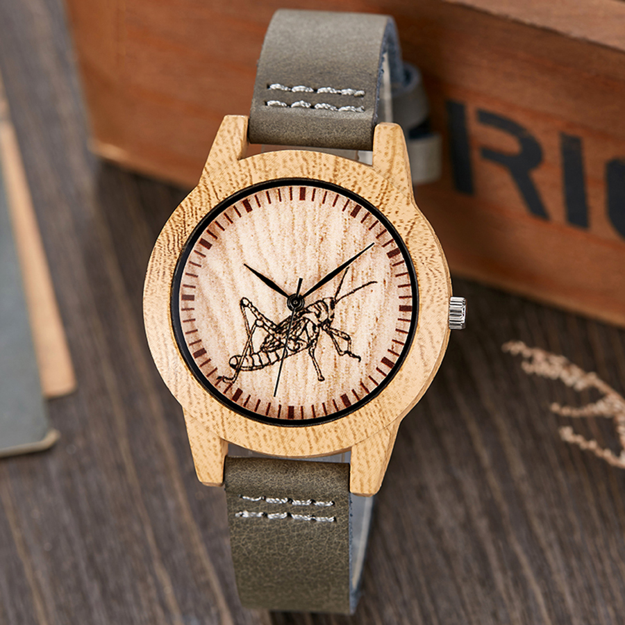 Imitatie houten horloge mannen vrouwen imitatie houten polshorloge zachte leren band mannen kwarts paar pols klok schedel bidsprinkhaan paard uur: Bidsprinkhaan vrouwen