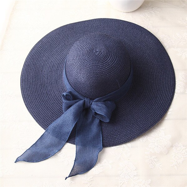 USPOP -chapeaux de soleil pour femmes, chapeau en paille, fait à la main, chapeau de plage à large bord, avec nœud papillon, ombre anti uv, été décontracté: Dark Blue