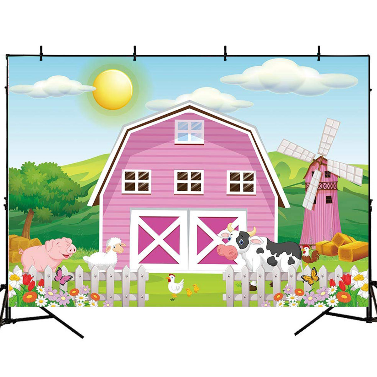 Sunshine Farm Theme Photography Backdrop Pink Barn Animals Barnyard House Kids Birthday Background Photo Studio Supplies