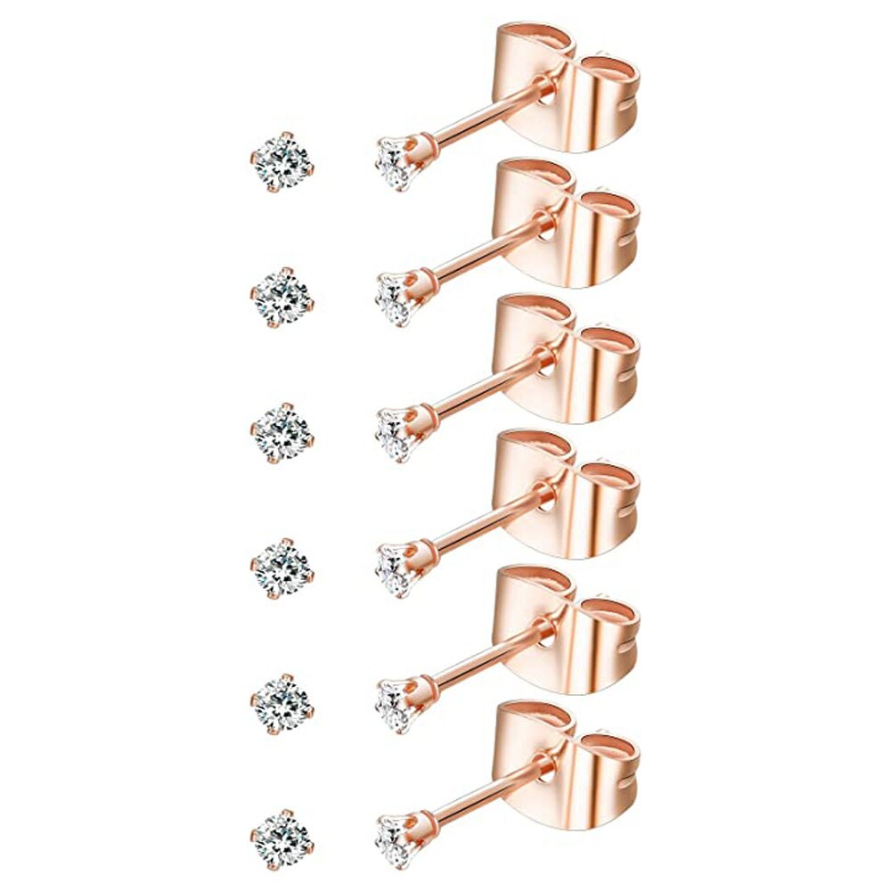 6 pares de aretes pequeños de acero inoxidable de 2 mm para hombre y mujer, aretes de bola redonda CZ, conjunto de: PLATEADO