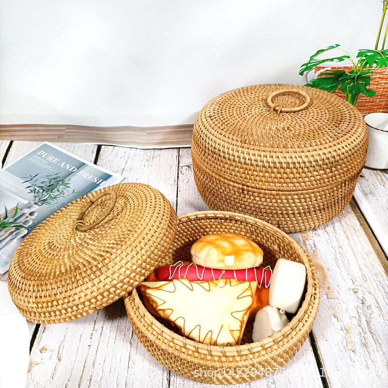 Runde Rattan Boxen mit Deckel Hand-gewebte Multi-Zweck Weide Taskleiste 11 Zoll Picknick Lebensmittel Brot Tisch Lagerung korb