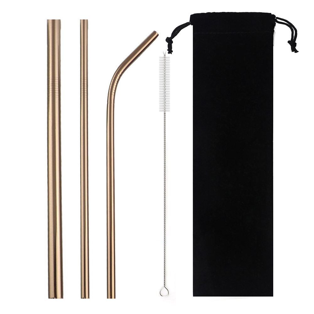 5-Pcs Metal Reusable Straw Colorful Pink Eco-Friendly Drinking Straws Set 304 Stainless Steel Straw Set with Brush Pouch Bag: Rose Gold