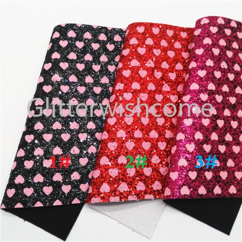 O glitterwishcome 21x29cm a4 tamanho corações imprimiu o couro grosso do brilho, vinil da tela do couro do falso para arcos, gm599b