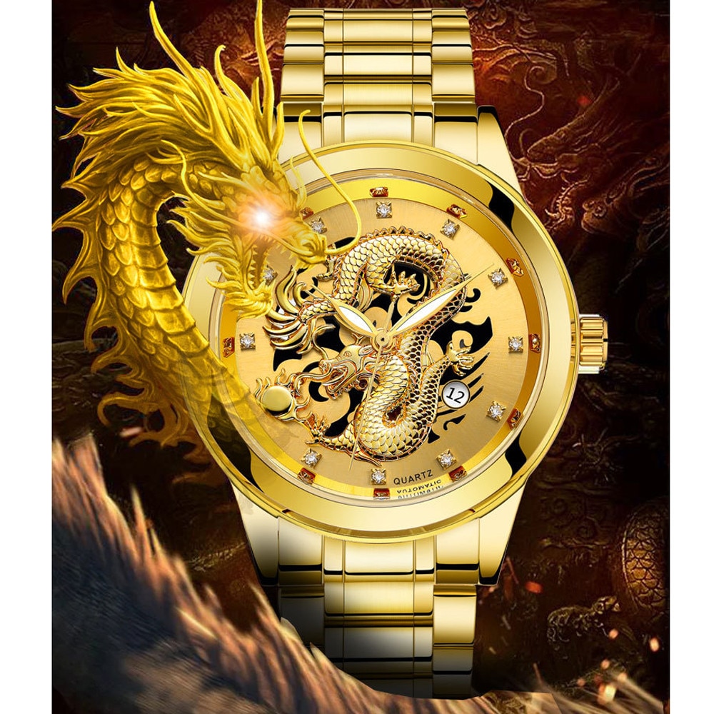 Waterdicht Heren Gouden Draak Sculptuur Quartz Horloge Luxe Mannen Steel Horloge Klok Mujer Vrouwen Horloges