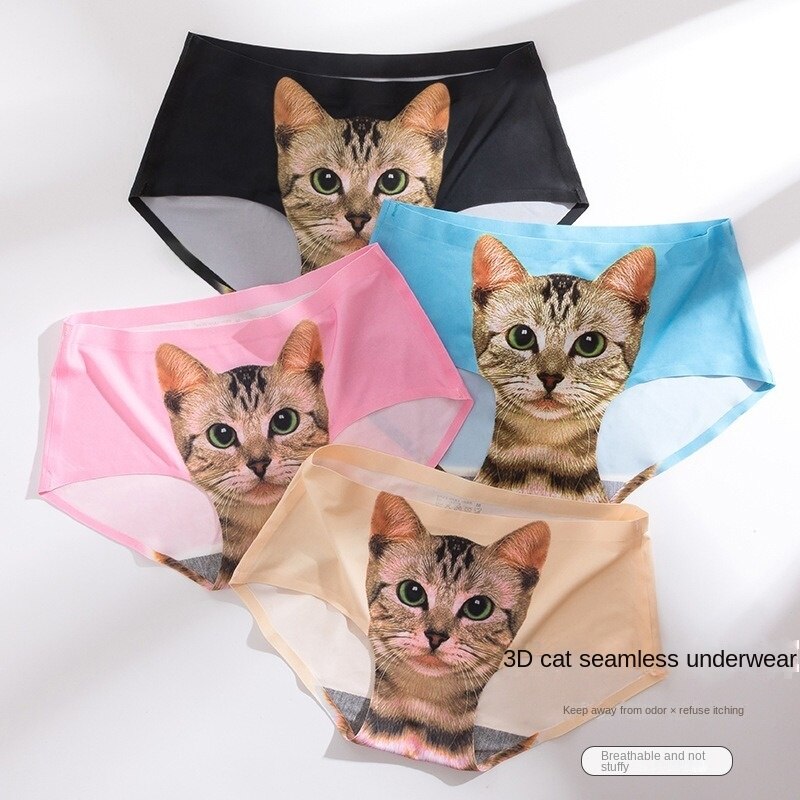 3D Cat Middle Waist Sexy Girl Underwear Cartoon Ice Silk Printed Cat Head Briefs Meow Star Man Thong Panties Underwear Women