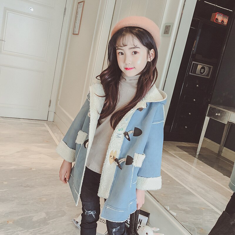 Flickor 4-12 år casual yllejacka med luva vinter mellanlång koreansk stil hornspänne tjock varm fleecejacka