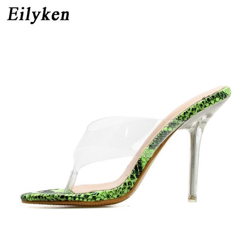 Eilyken pvc gelé ormtryck gröna tofflor öppen tå kvinnor genomskinliga perspex sandaler skor klack klara sandaler stl 35-42: Grön / 11