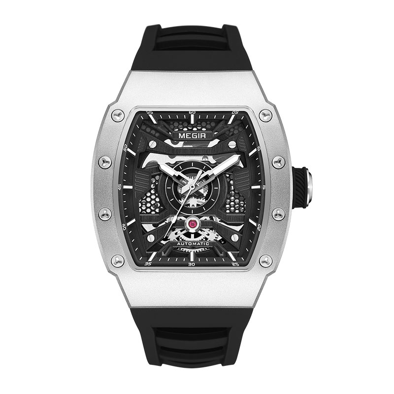 Reloj mecánico automático MEGIR para hombre con caja de acero inoxidable, correa de silicona, reloj de pulsera luminoso resistente al agua a la 8604: Rosa