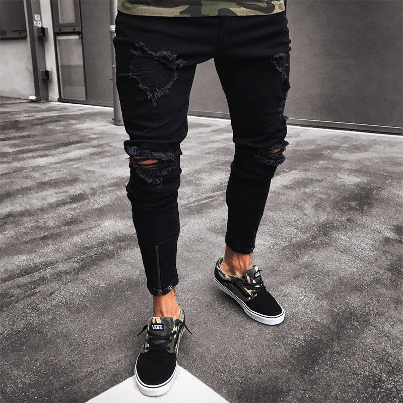 Herre seje sorte rippede skinny jeans ødelagt flossede slim fit denim bukser lynlås hop hop bukser huller til mænd: S
