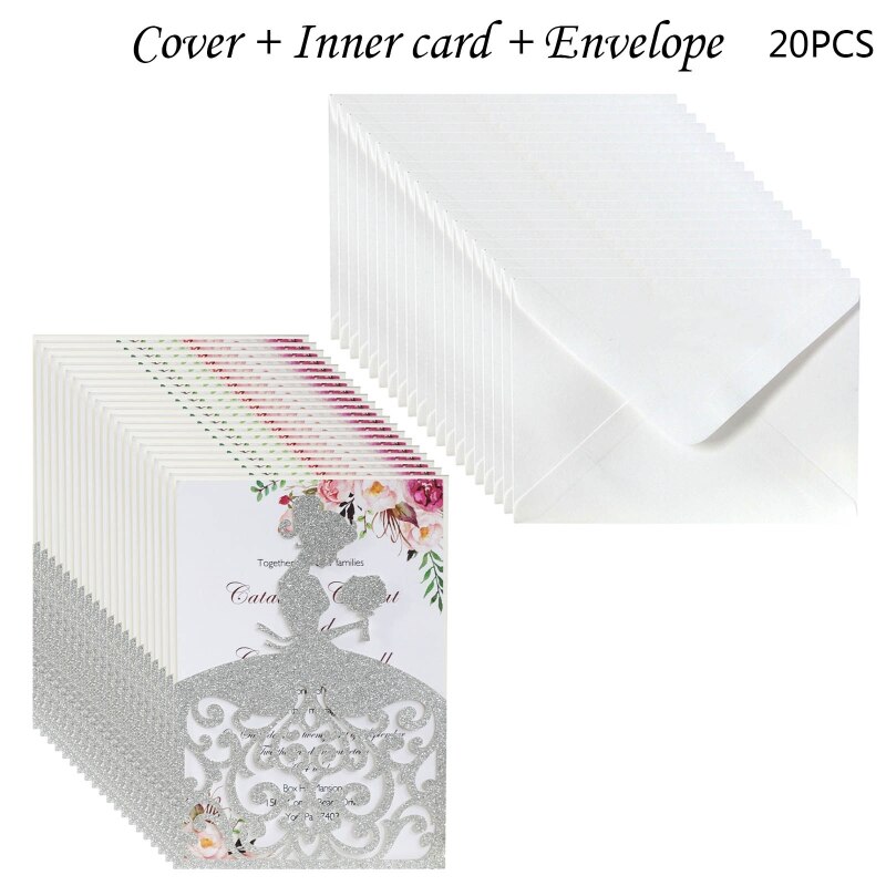 20pcs/set Wedding Invitations Cards Glitter Girl Greeting Card Invite Envelopes Bridal Engagement Party Supplies: Silver
