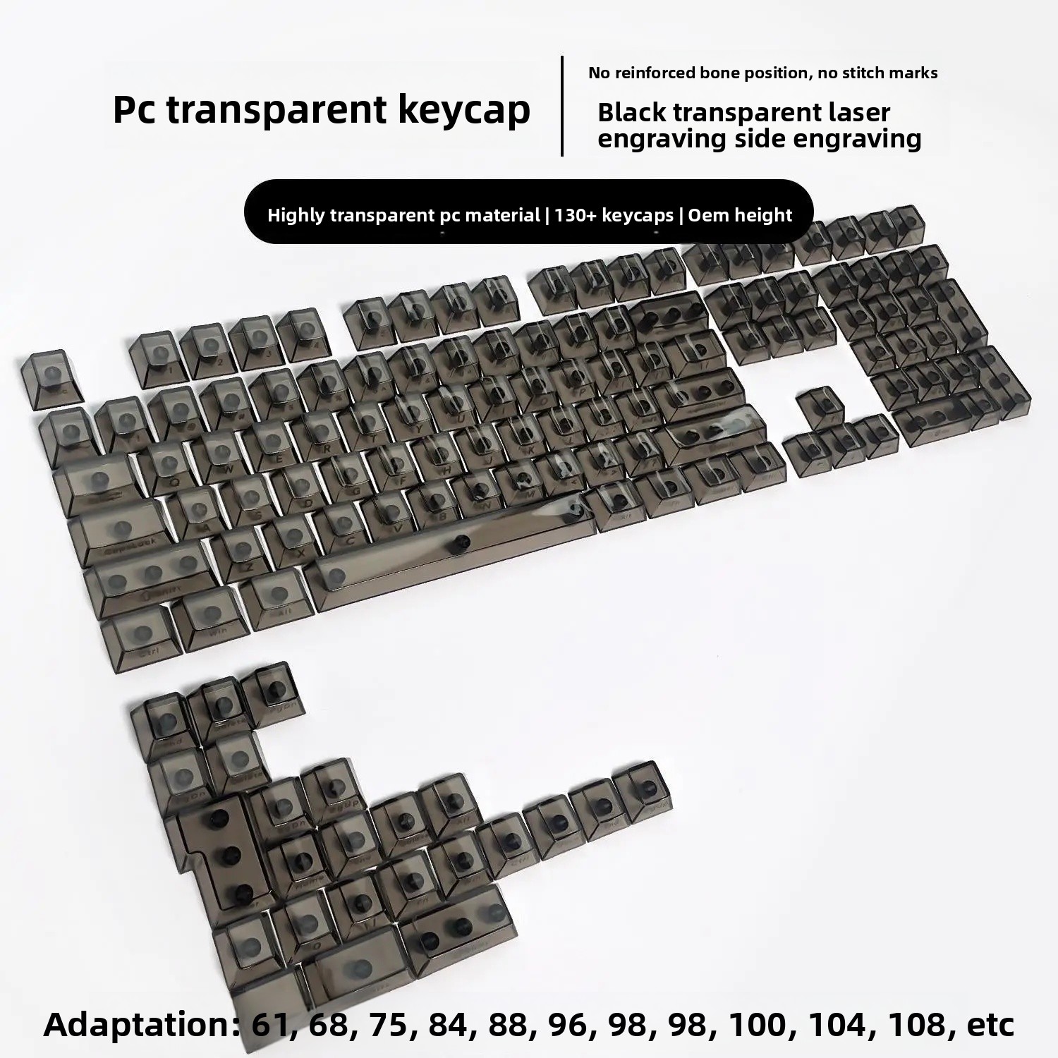 Customizable DIY Mechanical Keyboard Keycaps Transparent PC Material Foggy through Full Set of 132 Keys Computer Office: grey
