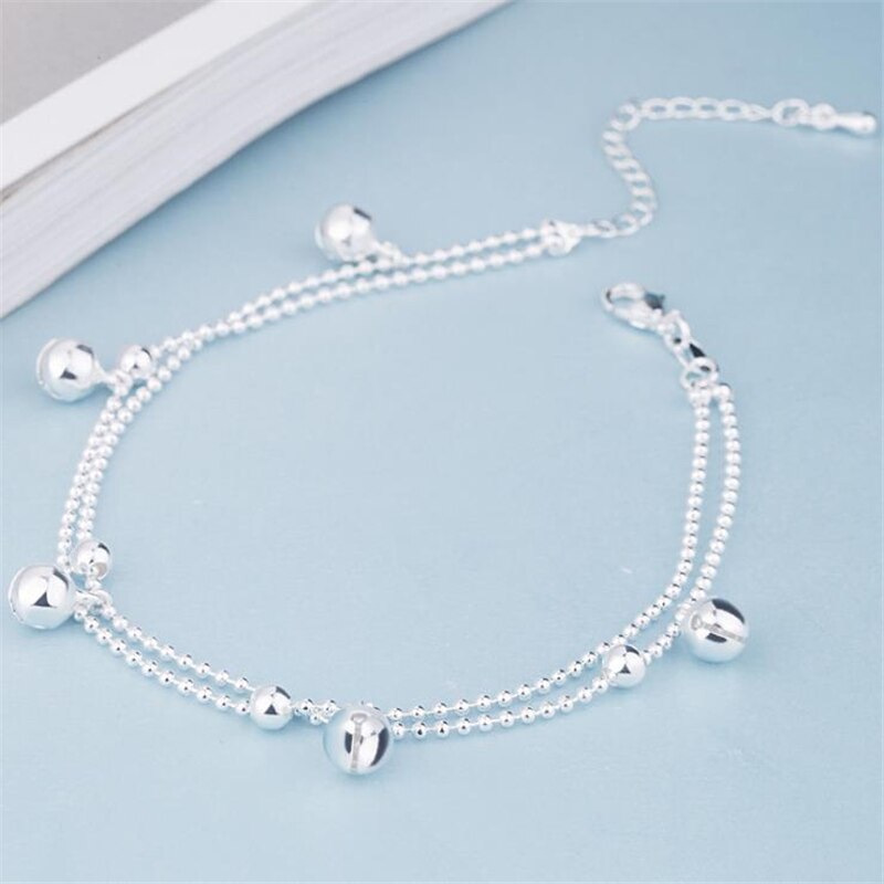 KOFSAC 925 Sterling Silver Anklets For Women Beach Party Cute Beads Chain Bells Bracelets Foot Jewelry Girl