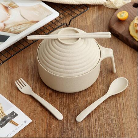 1Set Noodles Bowl with Lid Handle Dinnerware Wheat Straw Style Soup Bowl Microwavable Bowl Electric Lunch Box Food Container: beige