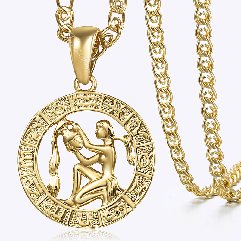 Davieslee 12 Horoscope Zodiac Sign Pendant Necklaces For Women Men Gold Color Aries Leo 12 Constellations DGPM24