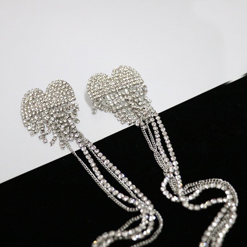 Full Rhinestone Bangs Shining Woman Earrings Long heart Luxurious Crystal Hyperbole Korean Earring Pendant