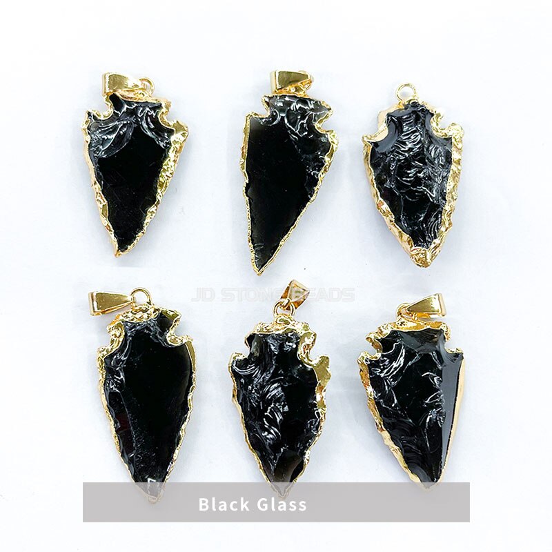 Natural Amethysts Opal Chalcedony Pendants Plating Golden Edge Arrow Shape Pendants for Jewelry Necklace Bracelets Accessories: Black glass