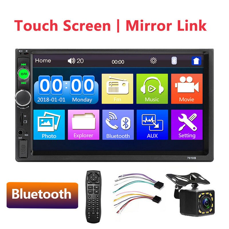 Autoradio car  mp5 player apple carplay android auto touch screen spejl link universal 2 din 7 tommer hd reversing bluetooth tf usb: 7010b 12 led kamera