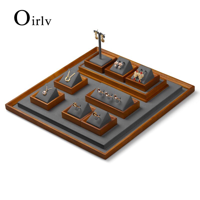 Oirlv, conjunto de soporte para presentación de joyería, anillo de madera, collar, bandeja de exhibición, brazalete, soporte organizador de joyas, estante gris multifunción