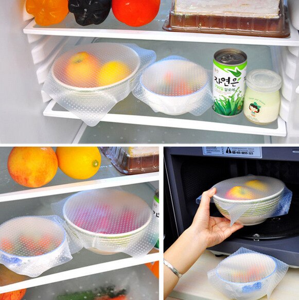 Tapas elásticas de silicona para envolver alimentos, papel para guardar alimentos frescos, sello elástico, Bol de vacío, herramienta de cocina, 4 Uds.