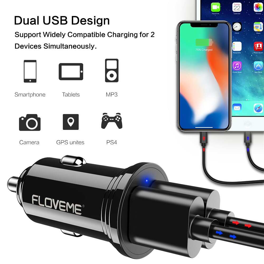 Floveme Dual Usb Auto Telefoon Oplader Fast Car Charger Voor Iphone Samsung Xiaomi Cargador Coche Voor Mobiele Telefoon Aansteker Oplader