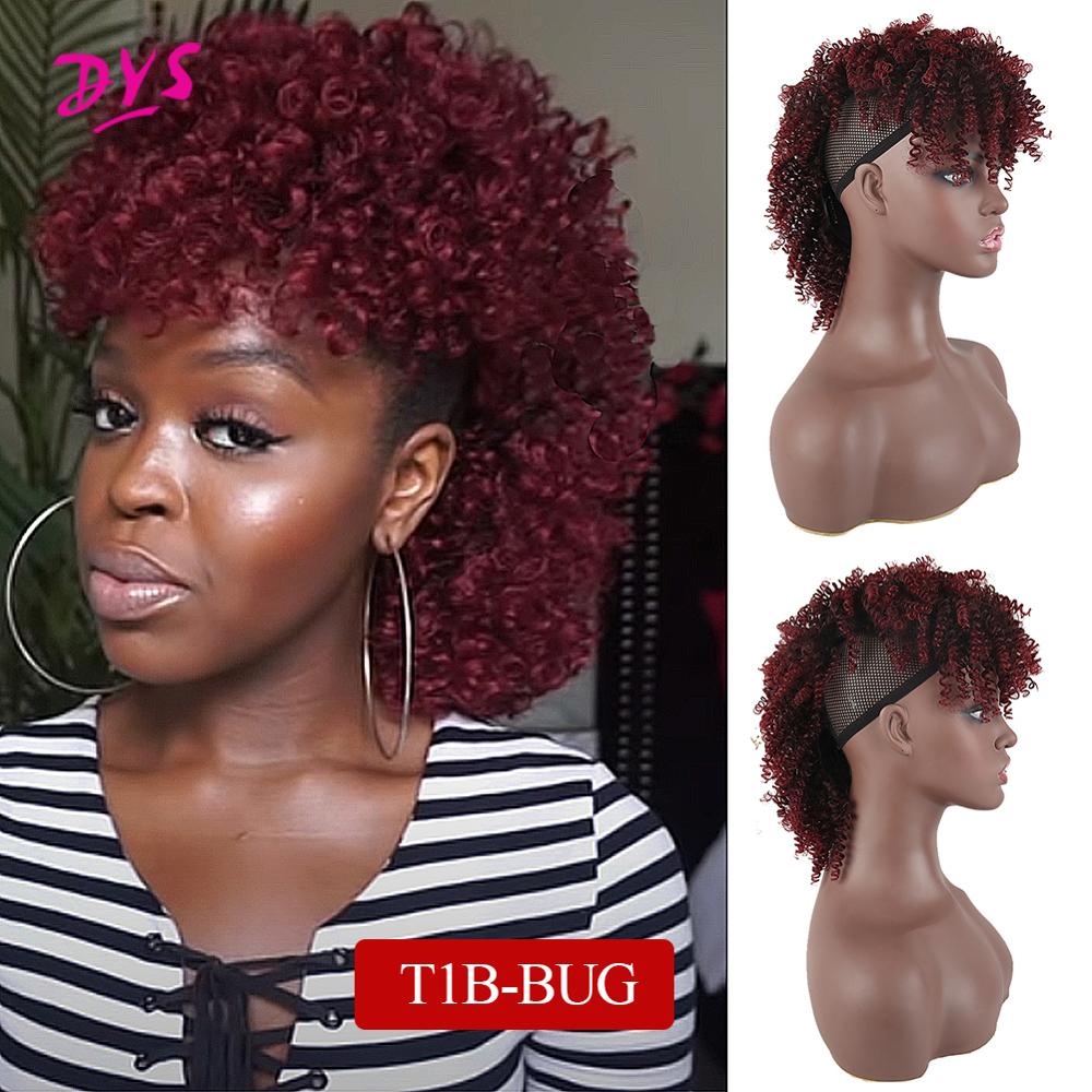 Afro Puff Ponytail With Bangs Afro Kinky Curly Synthetic Curly Mohawk Ponytail Clips in Hair Extension For Black women Hairpiece: T1B BUG
