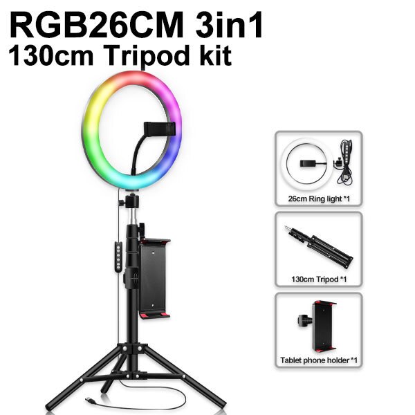 10 Inch Rgb Light Kleurrijke Usb Schoonheid Video Studio Foto Cirkel Lamp Dimbare Selfie Led Ring Licht Met Statief flash Led