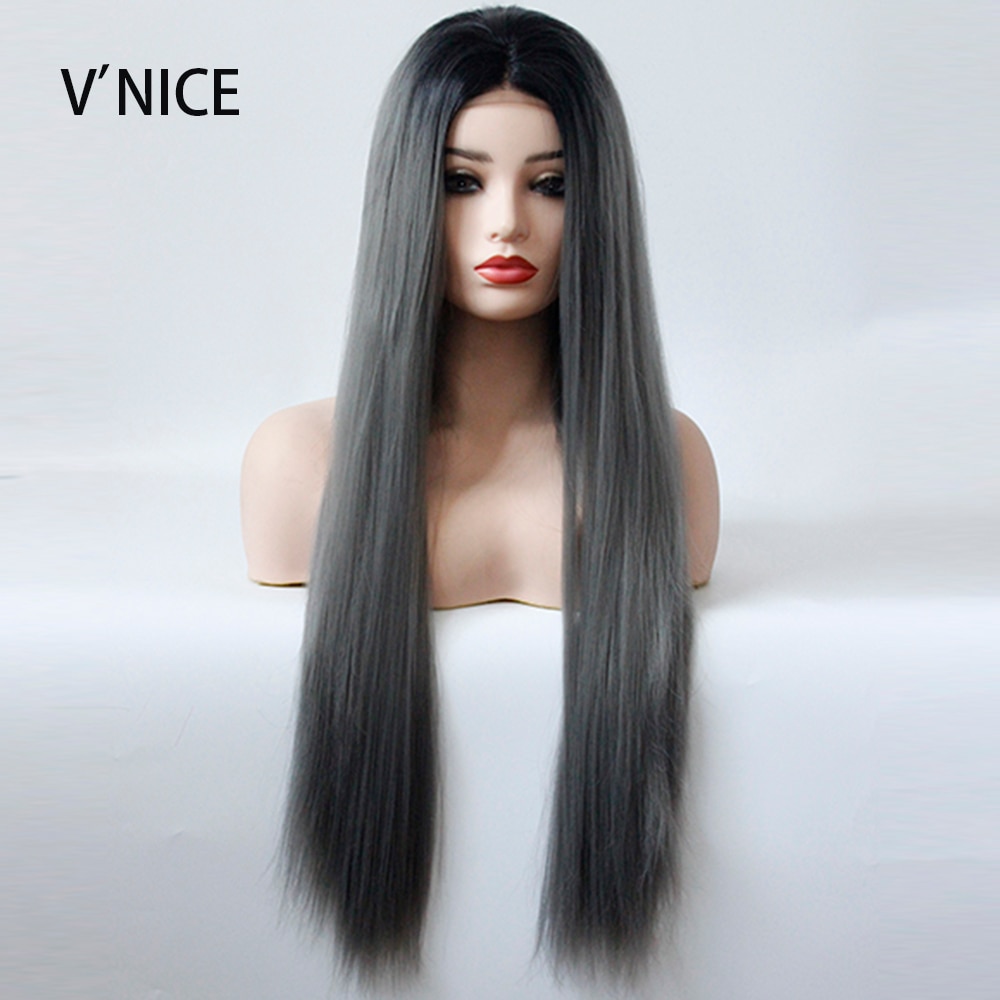 Pelucas de pelo largo y liso para mujeres negras, pelo negro ombré, parte media, encaje sintético atado a mano, Frente, Natural