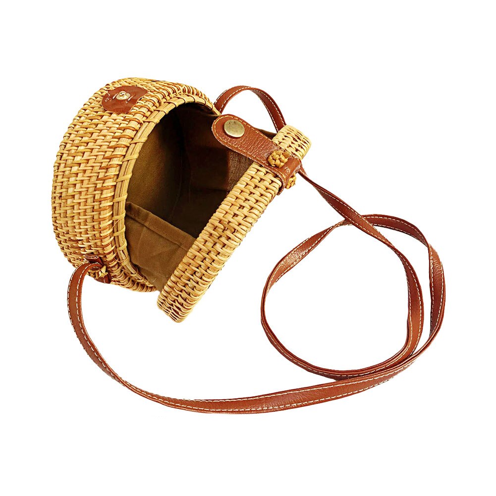 Bolso de mimbre tejido a mano, bolso de mimbre redondo para mujer, bolso de paja de diagonal, mochila de picnic para vacaciones en la playa