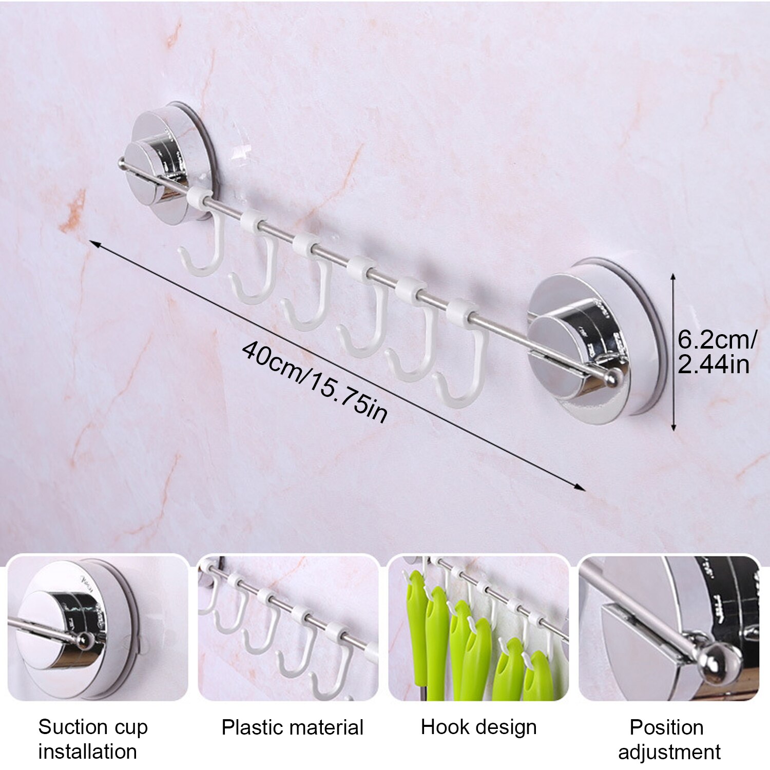 Colgador de gancho con ventosa para el hogar, barra de toalla de montaje en pared con 6 ganchos, para baño, cocina, organizador de toallas