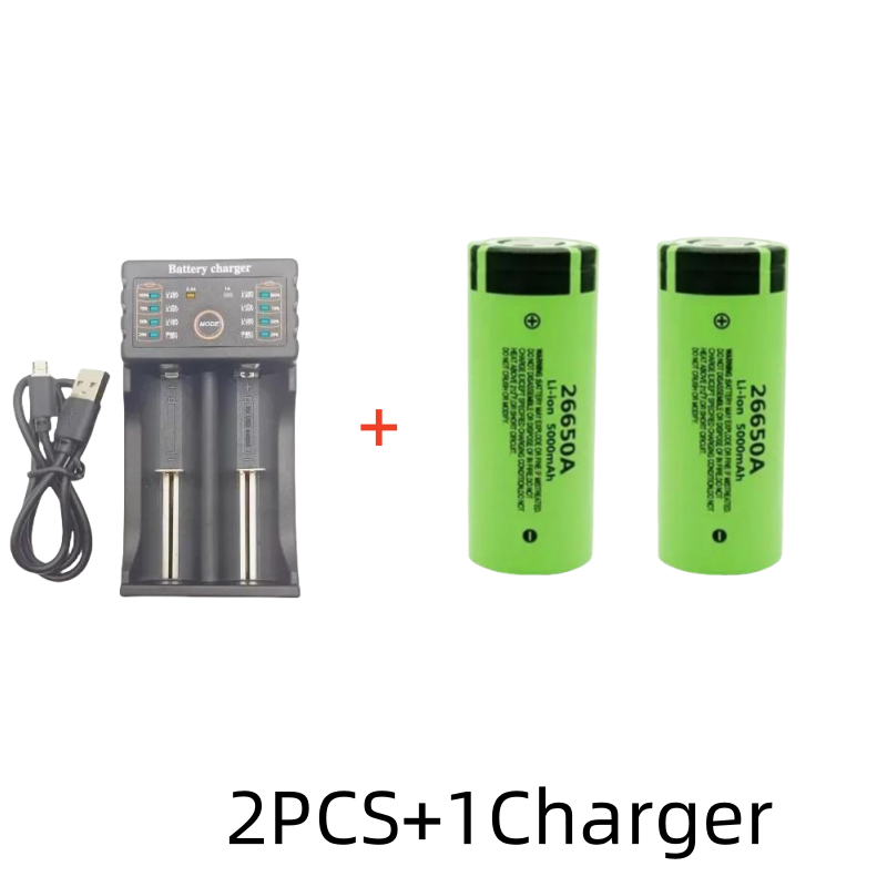 Original hochwertiger 26650-Akku 5000 mAh 3,7 V 50 A Lithium-Ionen-Akku für 26650 A LED-Taschenlampe + Ladegerät: Braun