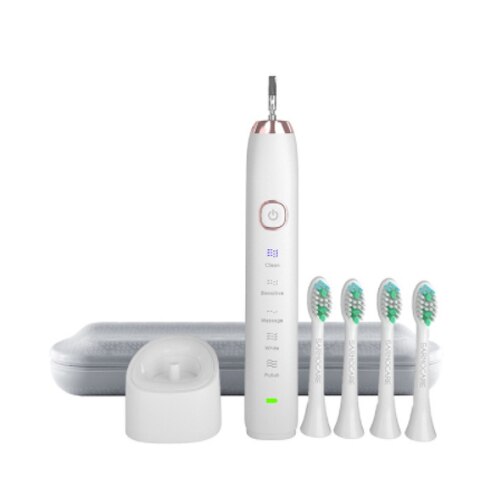 Sarmocare S100 Ultrasonic Sonic Electric Toothbrush LED indicator toothbrushes IPX7 Waterproof 5 models Wireless rechargeable: white and 4 heads