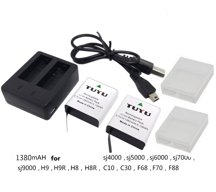 TUYU Batterie D&#39;action Caméra pour EKEN H9 H9R H6S H5S + SJCAM SJ4000 Sj5000 SJ7000 SooCoo F68 C90 c30 C50 gitup2 EK7000 Courageux 4 V50x: 2 battery x Charger